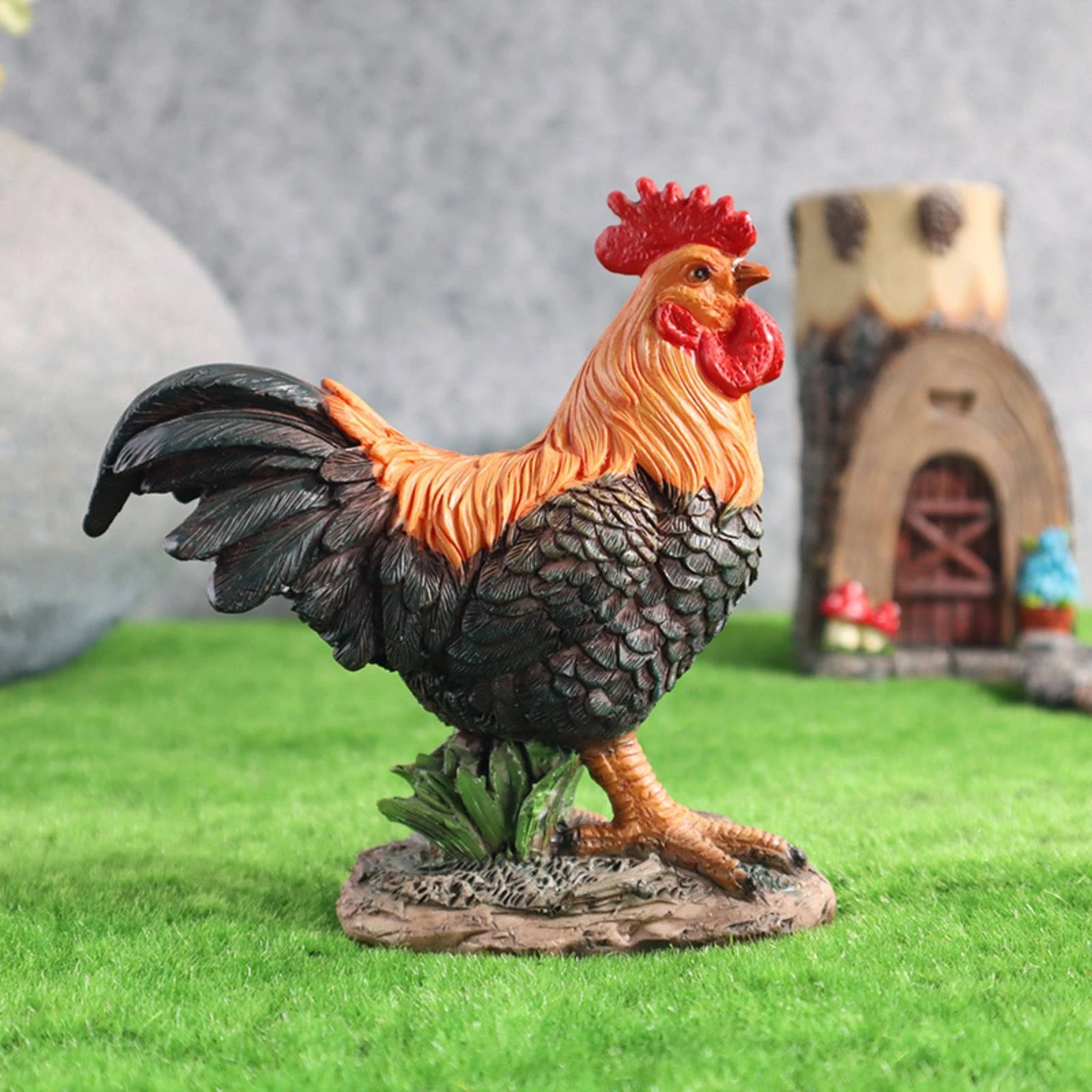 Resin Cockerel Statue Textured Cockerel Garden Figurine Outdoor Decor Molded Base Rustic Design for Lawn, Landscape