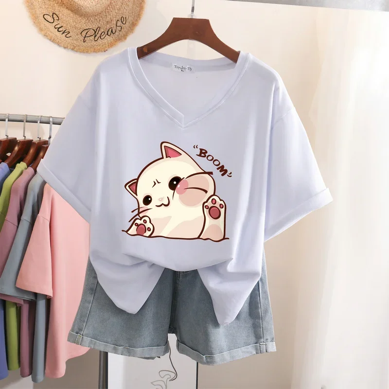 EBAIHUI 100% Cotton L-6XL Áo Plus Kích Thước Áo Thun Nữ Ngắn Tay Nữ Top Mùa Hè In Họa Tiết Cặp Đôi Cổ V Quá Khổ áo Thun Nữ