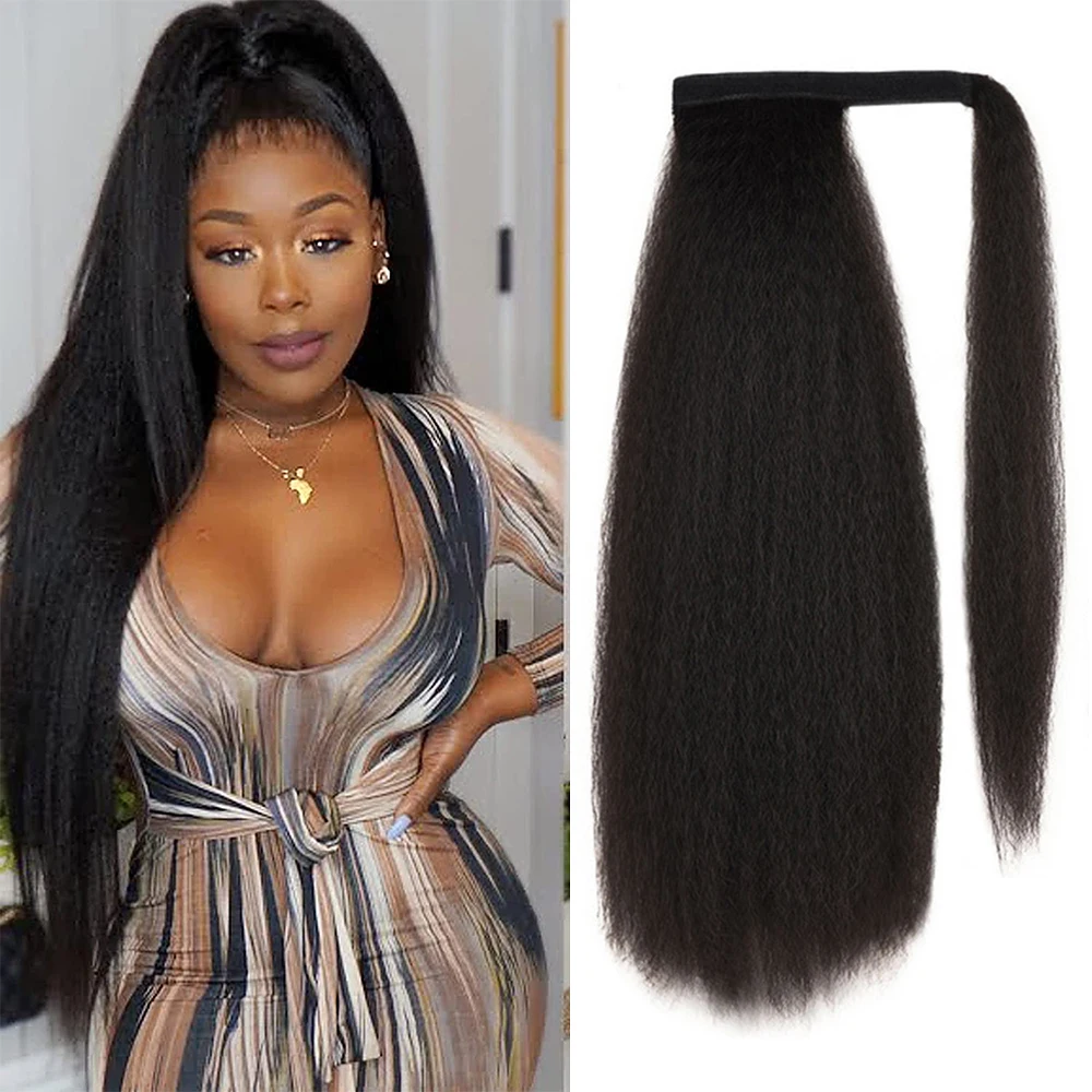 24-30“Yaki Straight Ponytail Hair Extensions For Black Women Wrap Around Clip In Magic Paste Heat Resistant Synthetic Hair Piece