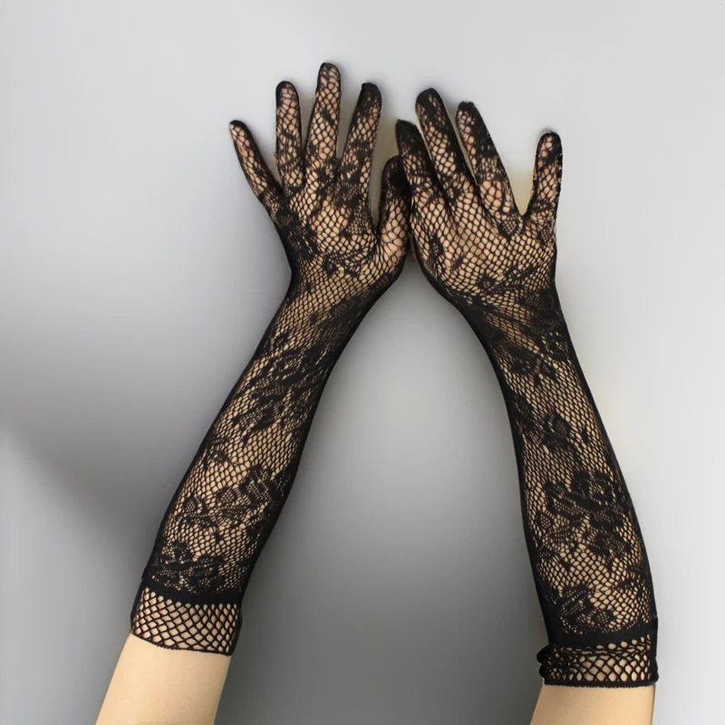 Woman Fishing Net jacquard floral Transparent Lace Black Gloves Elastic Bride Long-sleeve Mesh Liturgy Sexy Glove for girls