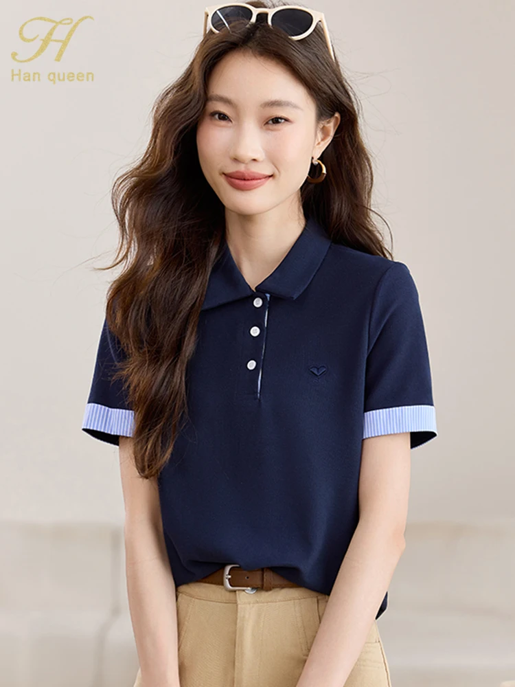 H Han Queen 2025 Summer Polo Women Tees Chic Color Matching Loose Woman Clothin… - Image 2