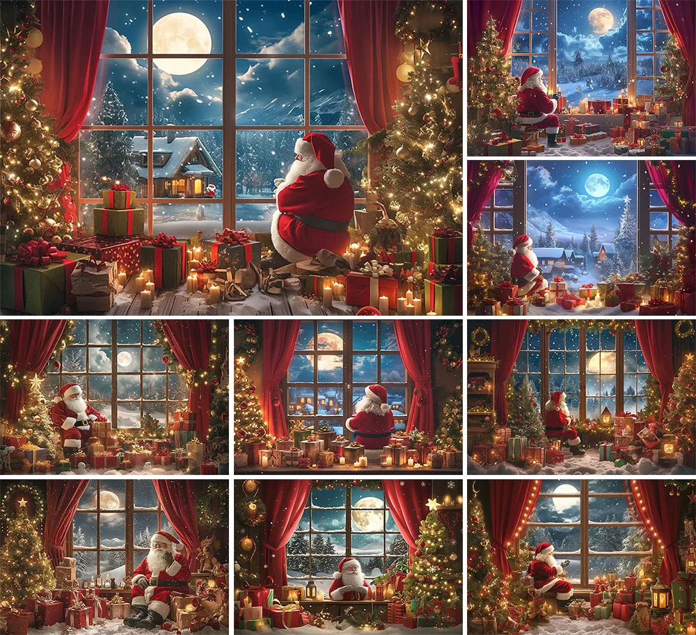 

Mehofond Outside Santa Claus Party Photography Backdrop Family Kid Birthday Xmas Window Red Curtains Moon Decor Photo Background