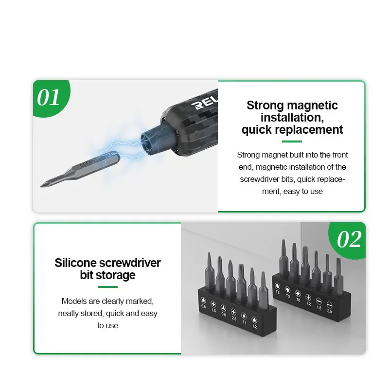 RELIFE E1 Set di cacciaviti elettrici a coppia in fibra di carbonio con 12 punte adatti per strumenti di riparazione per lo smontaggio delle viti del telefono cellulare