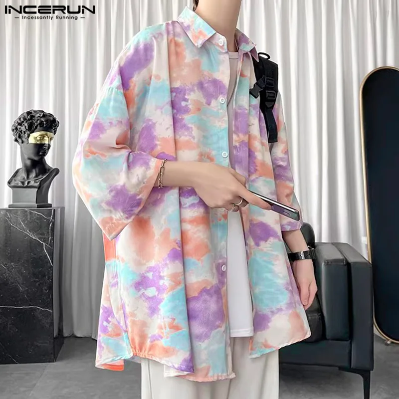 

INCERUN Tops 2024 Korean Style New Mens Dopamine Tie Dye Gradient Shirts Male Casual Streetwear Short Sleeved Lapel Blouse S-5XL