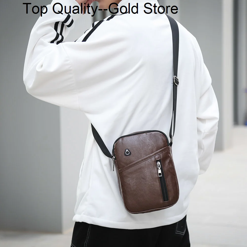 Solid Color Retro Shoulder Bags Men Zipper Crossbody Handbag Sports PU Leather Male Casual Tote for Business Travel