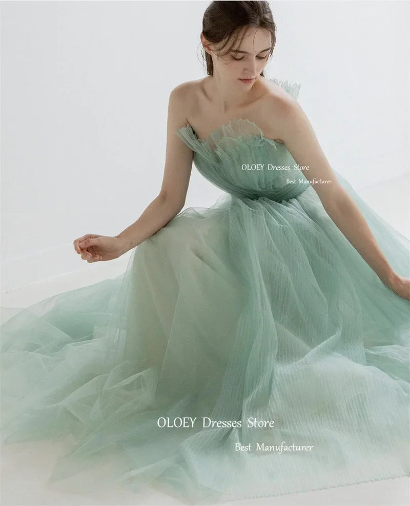 OLOEY Fairy Sage Green Draped Tulle Long Prom Dresses Korea Women Wedding Photoshoot Princess Evening Gowns Garden Bride Dress