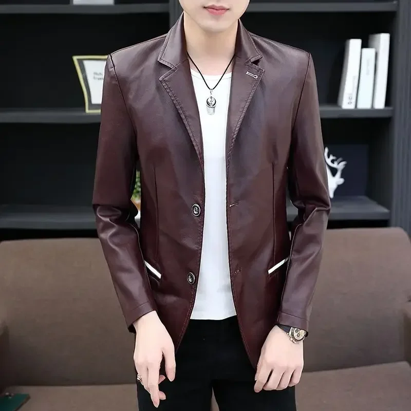 Coat Leather Male Blazer Single Breasted Men\'s Suit Jackets Thin Slim Fit High Quality New In Fashionable Korean Style Clothes