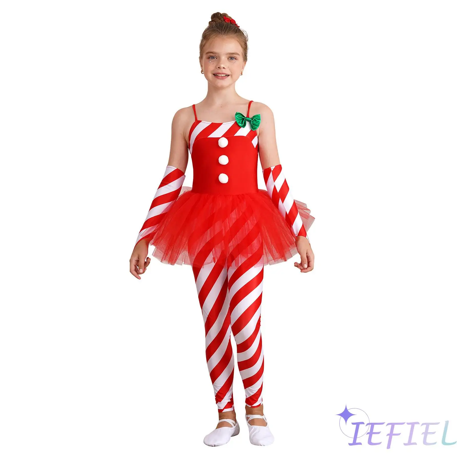 

Girls Xmas Candy Cane Striped Unitard Gymnastics Ballet Dance Cheer Performance Costume Christmas Bow-knot Full Long Jumpsuit
