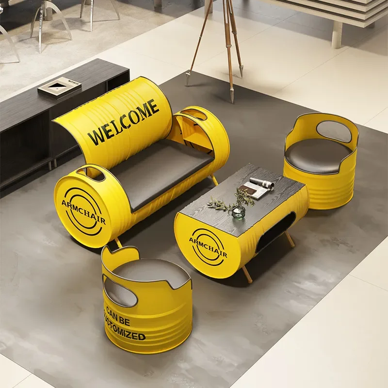 Retro Industrial Creative Oil Drum Sofa Bar Table Chair Coffee Table Set For Reception Room Negotiation Area Card Seat