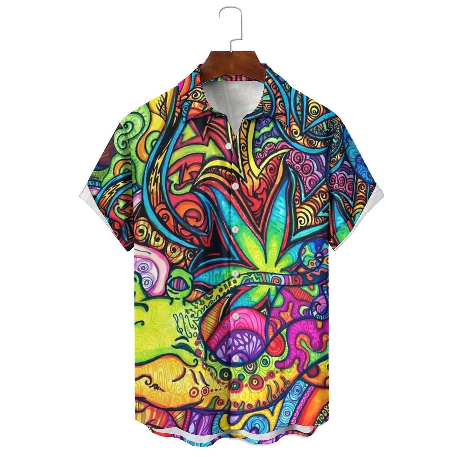 

Loose Casual Men's/Women's Fashion Summer Abstract Illustration Print Can Be Worn Daily Multi-Color Lapel Short-Sleeved Shirt