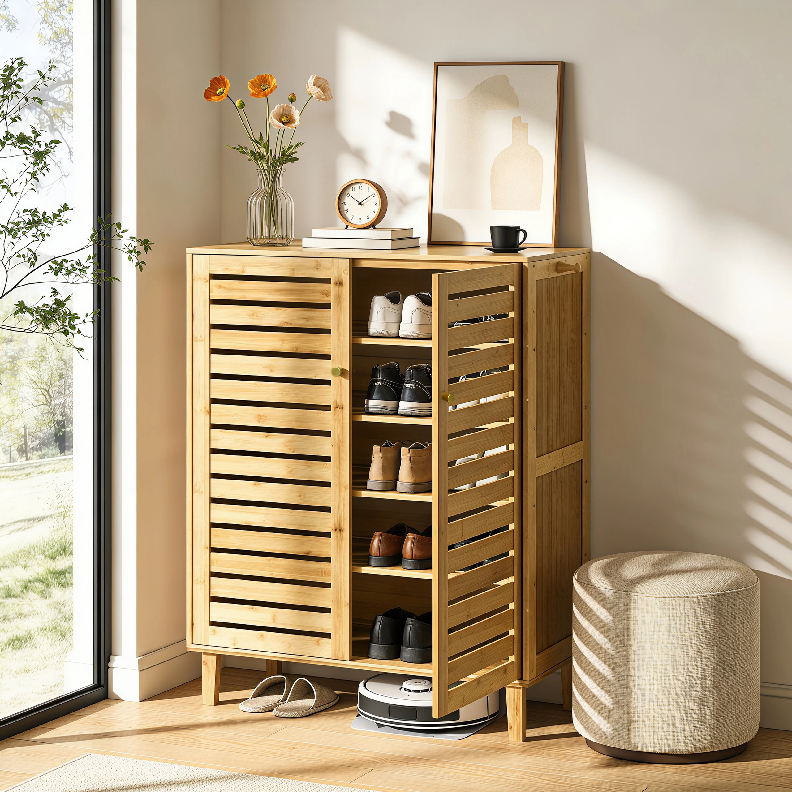Bamboo Shoe Storage Cabinet with Slatted Doors, 5-Tier Wooden Shoe Organizer Cupboard for Entryway Hallway, Freestanding Large Shoe Rack with Side Hooks & Magnetic Closure
