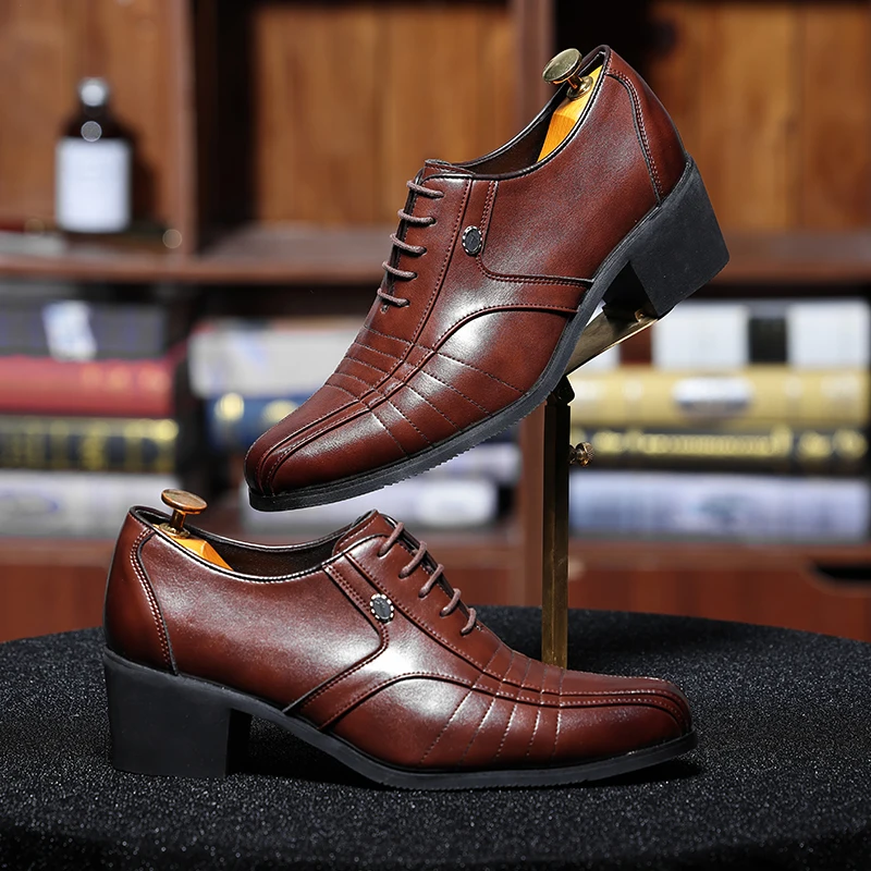 

Retro Men Business High-heeled Formal Shoes Men Lace-up Comfortable Breathable Leather Shoes Wedding Banquet Shoes Sizes 39-46