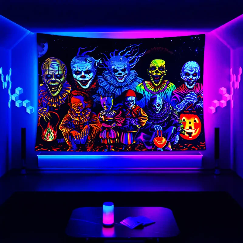VIKAMA Halloween-Wandteppich, im Dunkeln leuchtend, gruseliger Clown, Schlafzimmer, Wohnzimmer, Büro, Urlaub, Party-Dekoration, Wandkunst, Heimdekoration