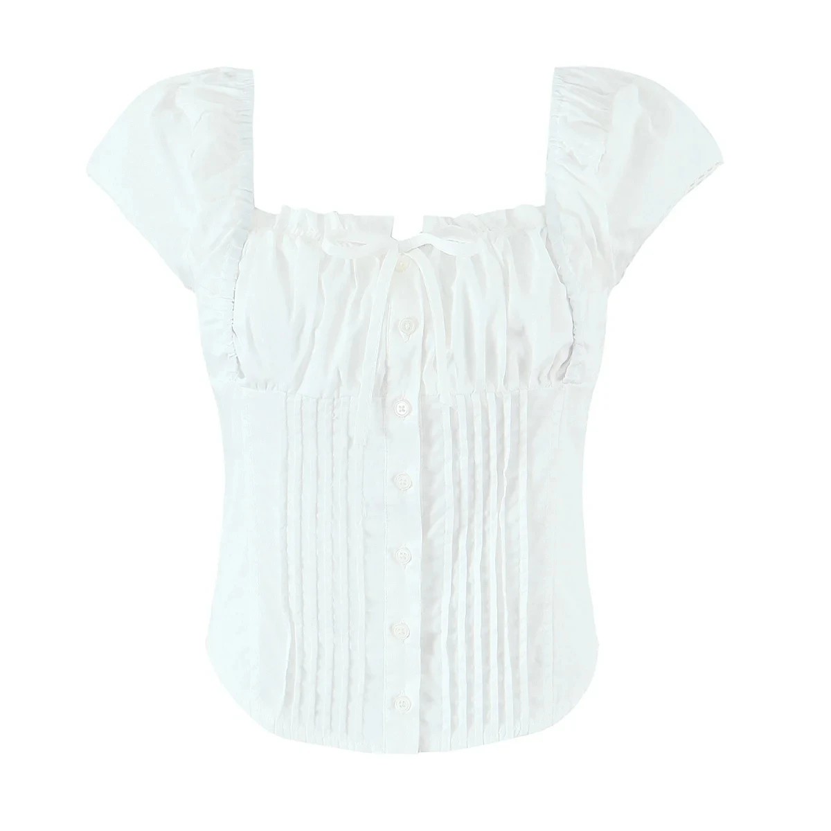 

Spring 2025 Women's Retro Pure Desire Folded Lace Trim Splice Square Collar Slim Fit Small Top Commute Sle ort Length