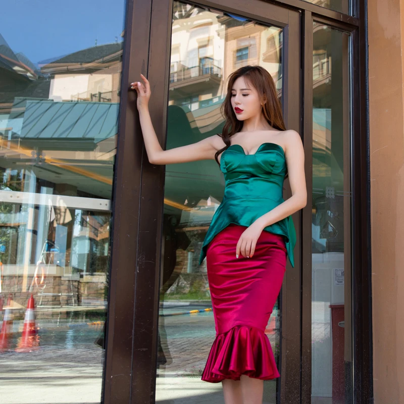 

Red Wine Color Bridesmaid Dr Two-Piece Set Women's Summer Sexy Retro Ele Low Chest Tailored Skirt Color Colion