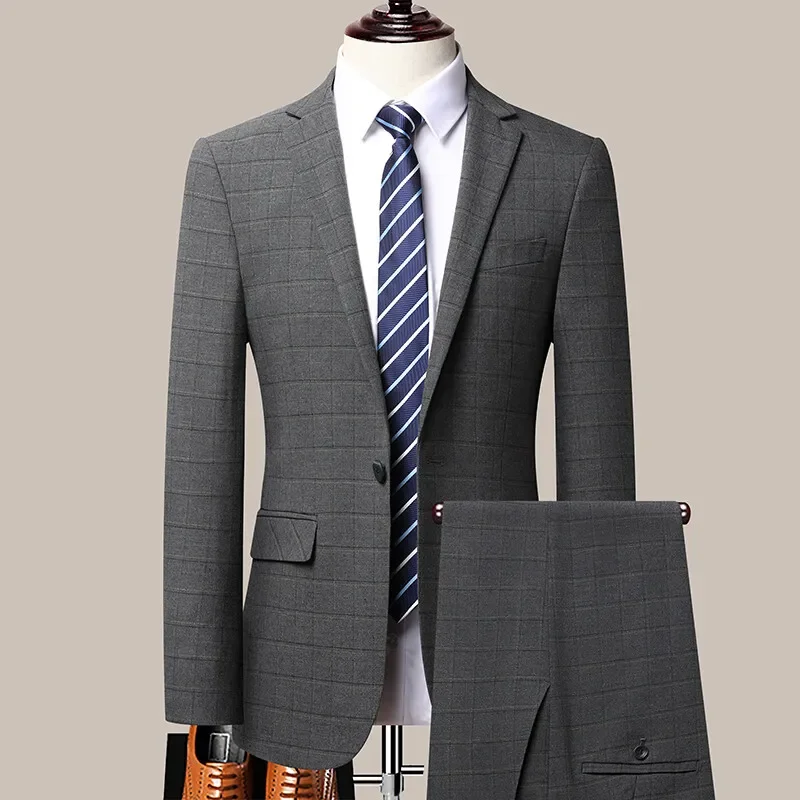 LIBIELIY 2025 High-quality New Men's Fashion Handsome Wedding Plaid Leisure Business Boutique Two-piece Set