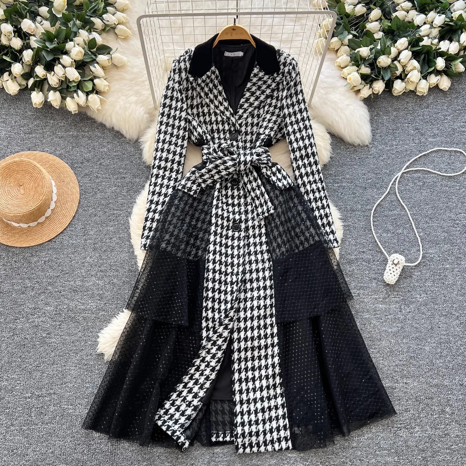 Fashion Designer Sequins Mesh Spliced Overcoat Autumn Winter Women's Single Breasted Houndstooth Belt Tweed Wool Long Coat