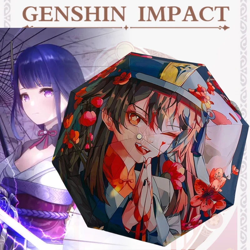 

Genshin Hutao Anime Umbrella Creative Three Folding Parasol Genshin Impact Raiden Shogun Automatic Umbrellas Rain Gear Gifts