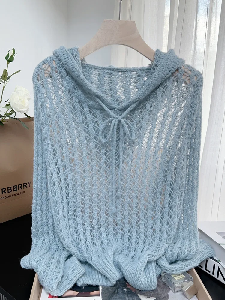 

Early Spring Hot Sale Knit Hooded Lazy Sweater Women Long Sleeve Tops Solid Color Hollow Out Female Fashion Sweet Cute Pullover