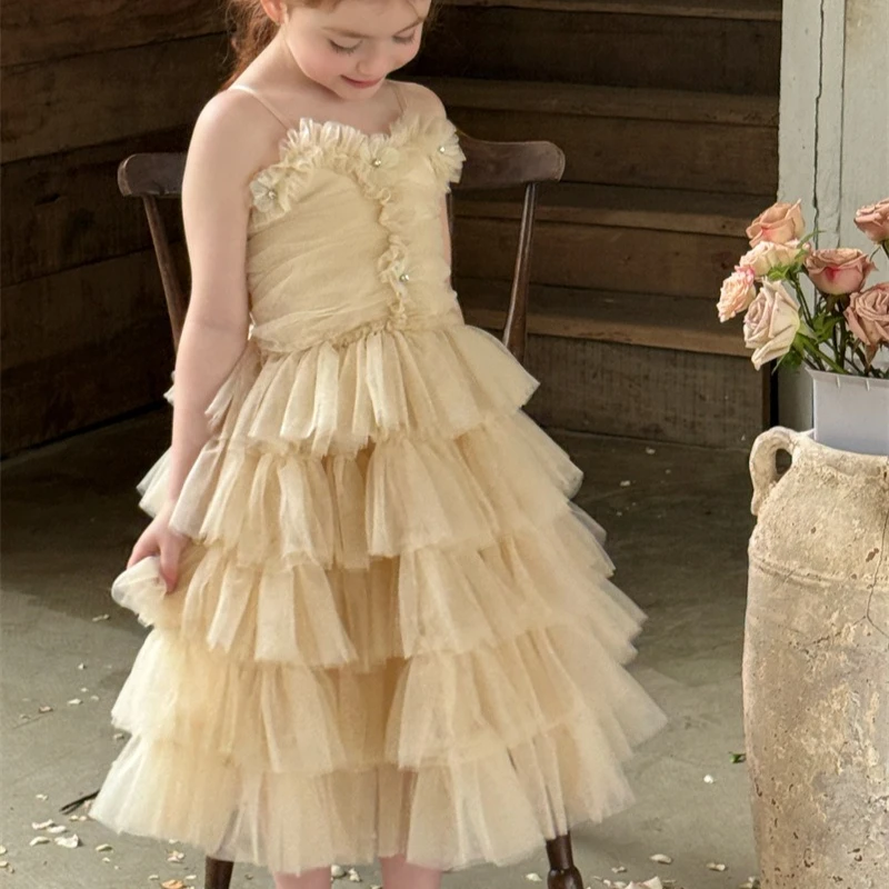 

Girls Dress 2026 Spring and Summer New Children's Clothing Korean Style Girls Baby Rhinolite Flower Cake Princess Dress