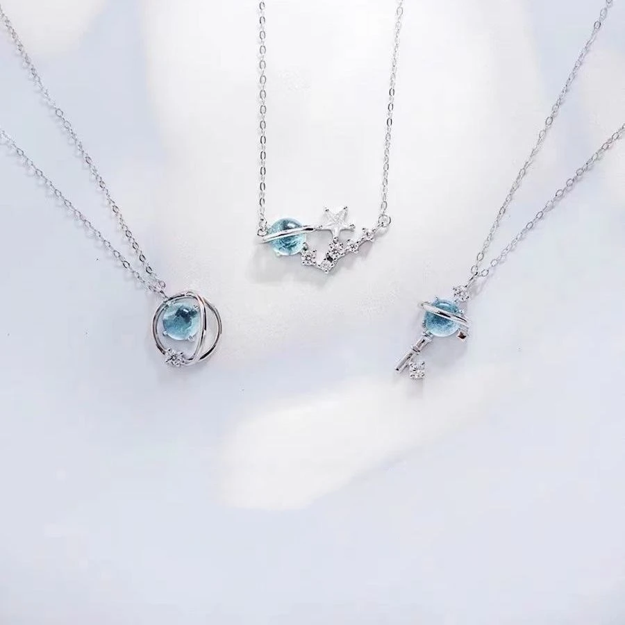 Blue Planet Meteor Shower Key Pendant Necklace Tiny Silver Color Clavicle Chain Collar for Women Friendship Jewelry