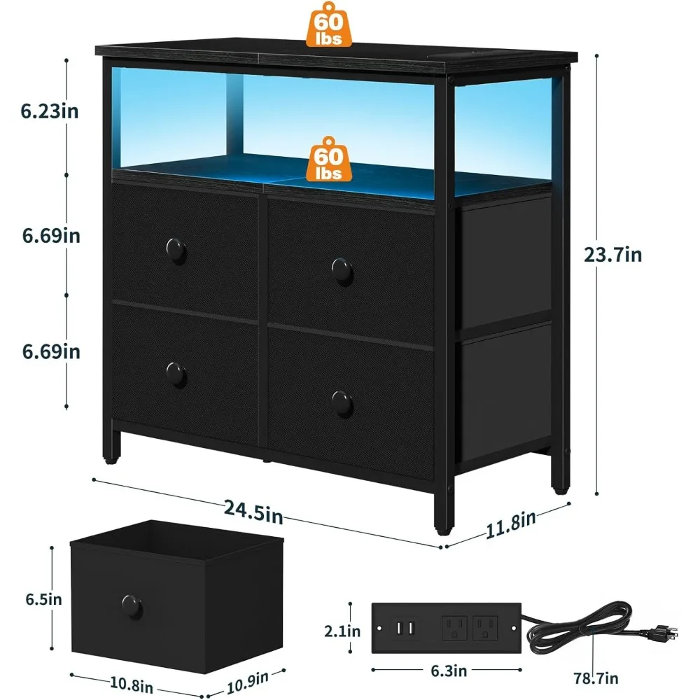 충전 스테이션이 있는 나이트 스탠드, 서랍 4개가 있는 침대 옆 테이블, 수납 선반이 있는 LED 화장대, 나이트 스탠드