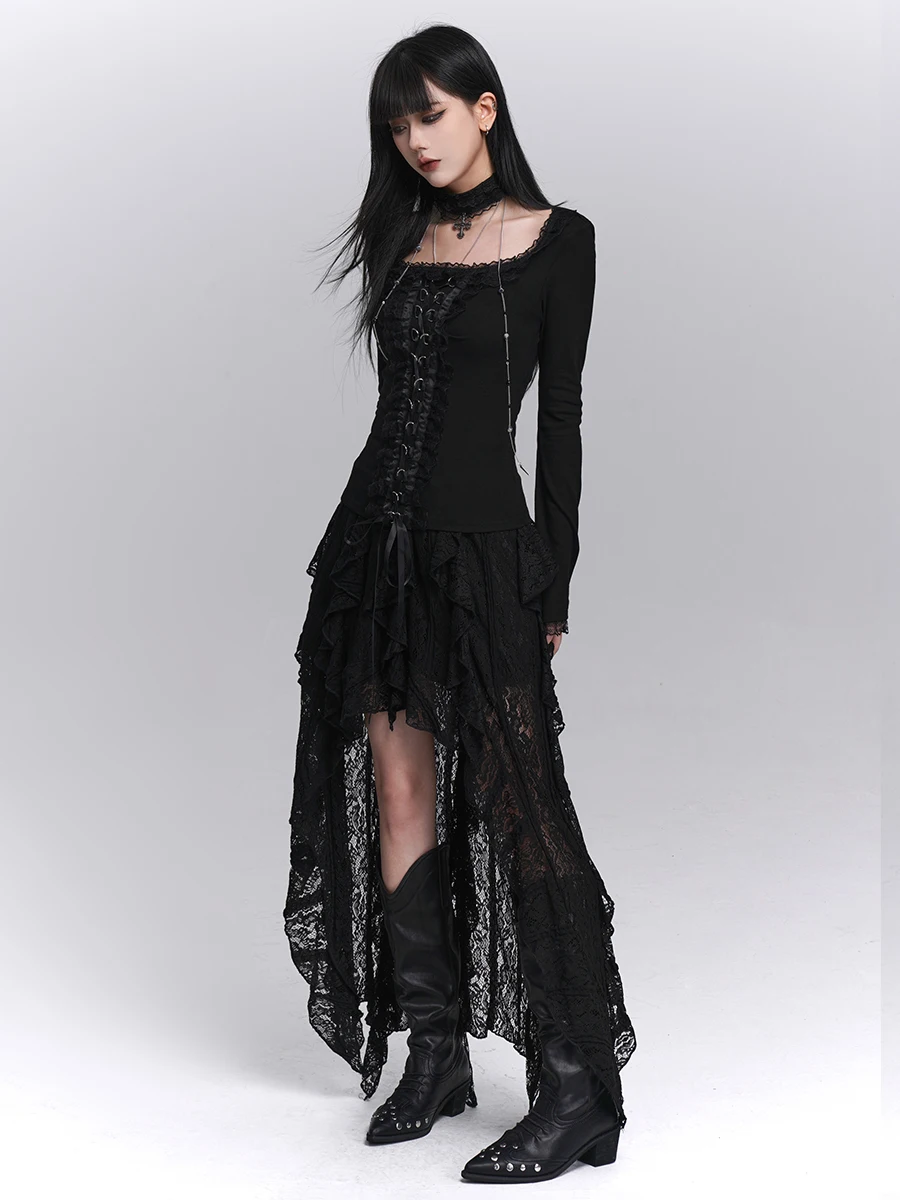 Ghost Girl Early Autumn Bla Lace Asymmetrical Hemline  Skirt loween Costume k Sle High Waist Irregular Skirt
