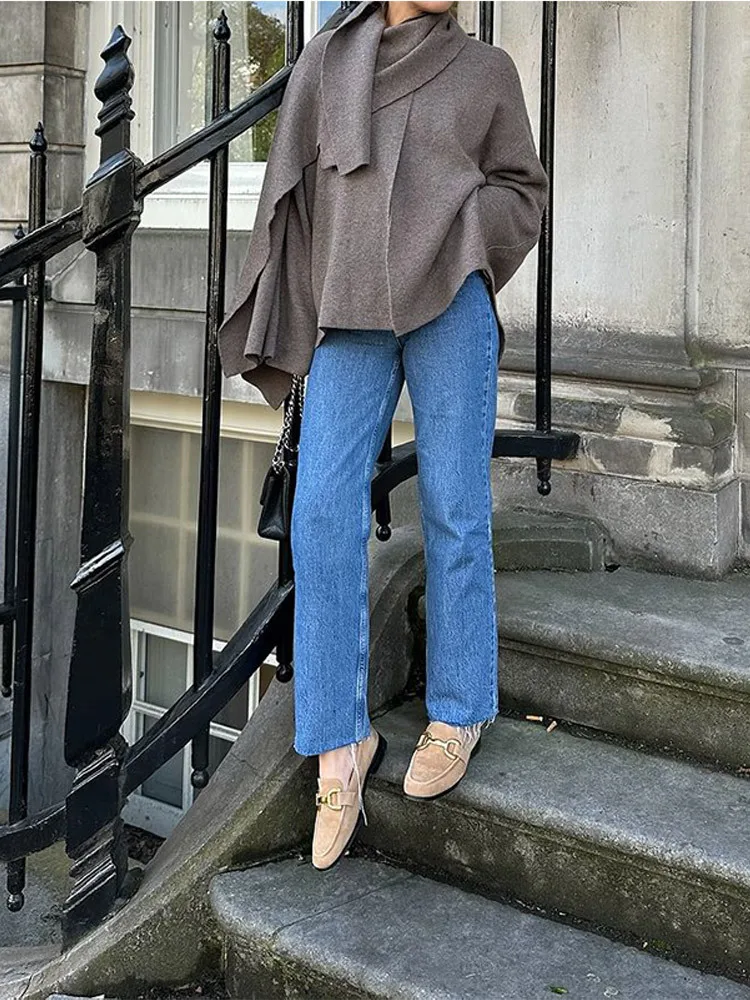 Podzimní zimní nová dámská pláštěnka s dlouhým rukávem, pletený kabát, módní šátek a límec, teplá dámská krátká bunda, elegantní streetwear - náhled 4