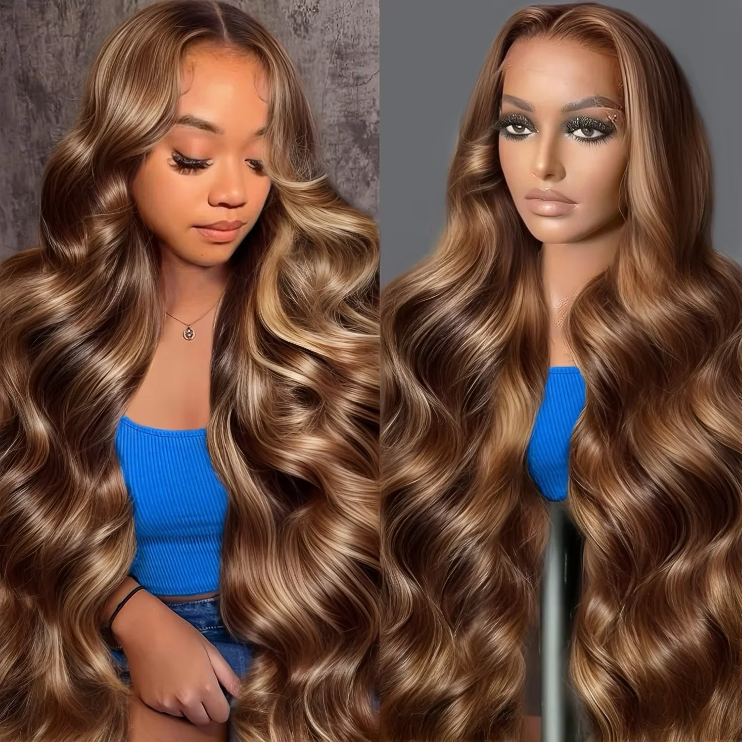 

18-46 Inch Ombre Highlight Body Wave P4/27 Human Hair Wig Transparent Max-Lace Frontal 13x4 13x6 HD Front Lace Wigs For Women
