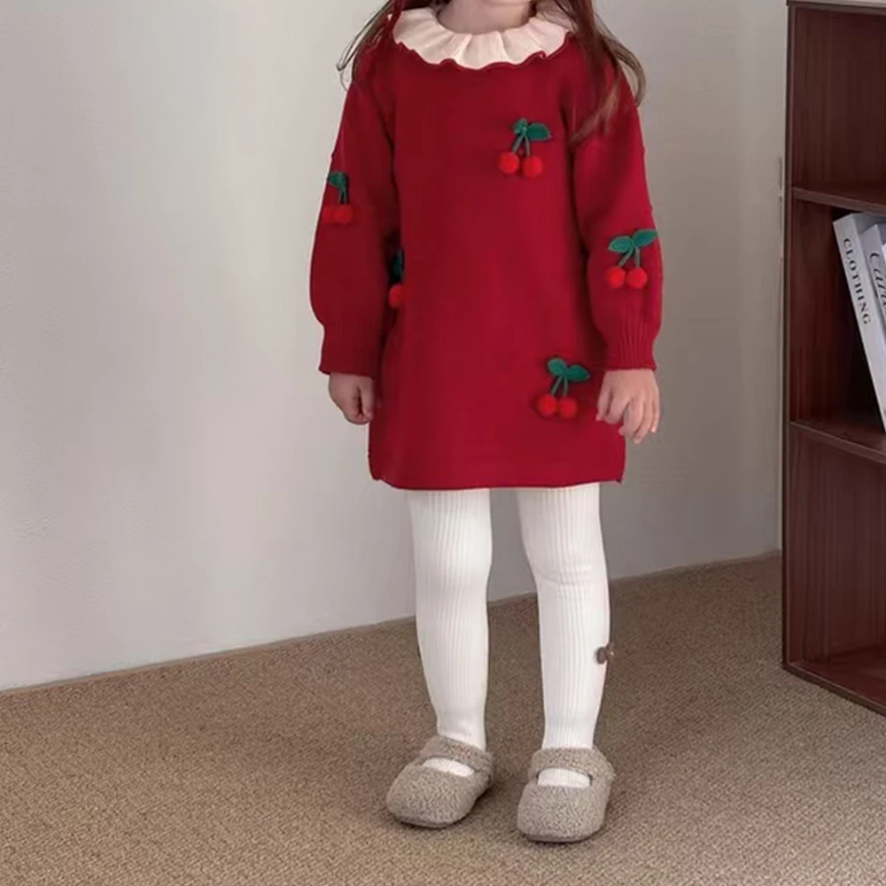 فستان محبوك على طراز الأميرة للفتيات مع ياقة لوتس للأطفال من القطن الخالص، تنورة سترة خريفية بتصميم كرز حلو، أزياء لطيفة