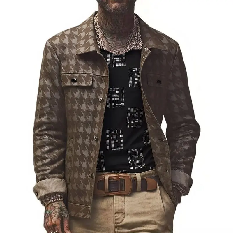 

Мужская замшевая куртка весна 2026: повседневная, с отложным воротником, длинный рукав, тонкий шерстяной материал, модный дизайн