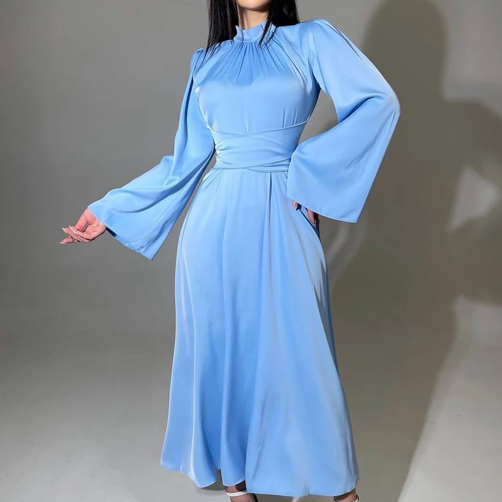 

A-Line Ankle Length O-neck Satin Flare Long Sleeves Photo Color Graceful and Temperament Evening Gowns Pleats Saudi Arabia 2024