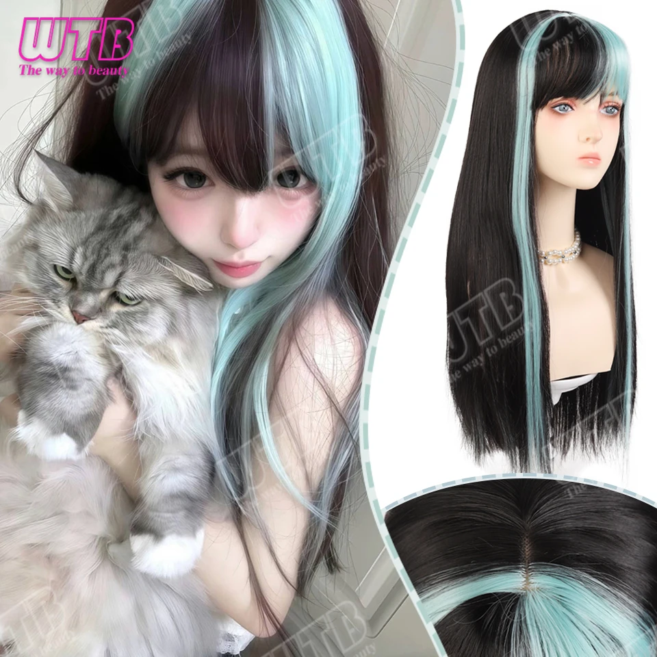 Synthetic Wig Women Mint Green Highlighted Long Straight Wig with Straight Bangs Suitable for Halloween Events and Party Looks