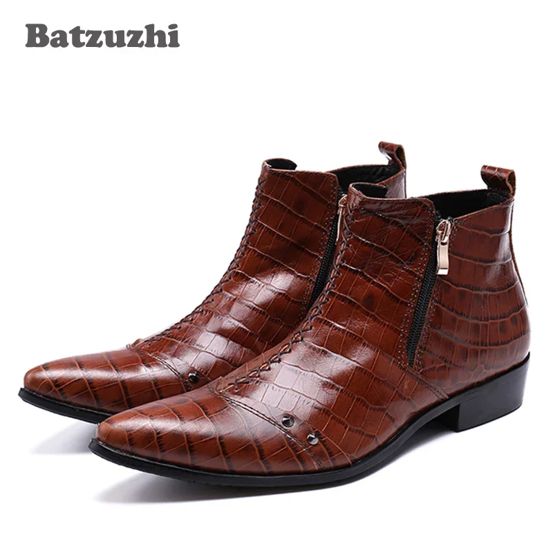 

Batzuzhi Italian Punk Mens Boots Fashion Pointed Toe Genuine Leather Ankle Boots Man Handmade Botas Hombre Business Botas, US12