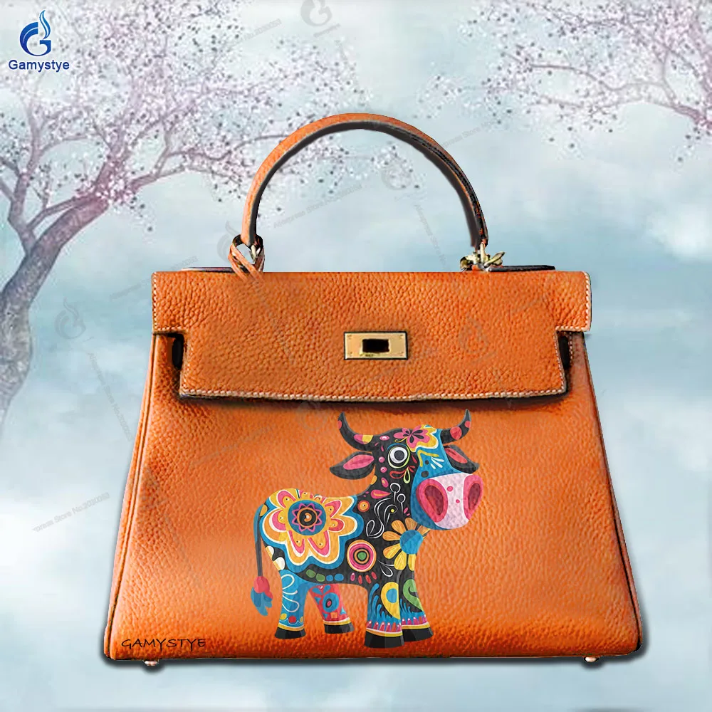

Personalizar Bolso Art Printed Bags Artistic Colorful Bull Pattern Top Layer Cowhide Leather Women'S Bags Promotion Luxury Women