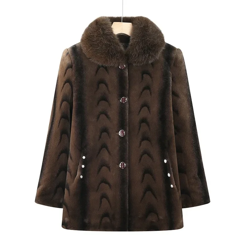 

Норковая куртка для матерей среднего возраста, зимнее бархатное пальто, женское свободное пальто с лацканами, повседневное плюшевое теплое пальто с большим карманом, женская одежда