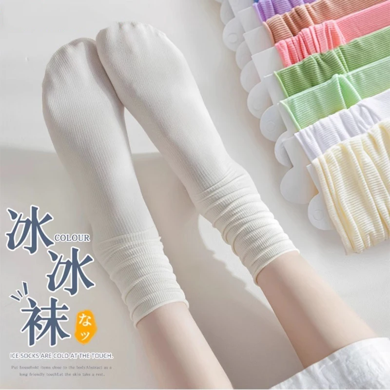 10 Pairs Japanese Korean Women Ice Thin Loose Calf Tube Socks Summer Nylon Socks Fashion College Style Solid Color Socks