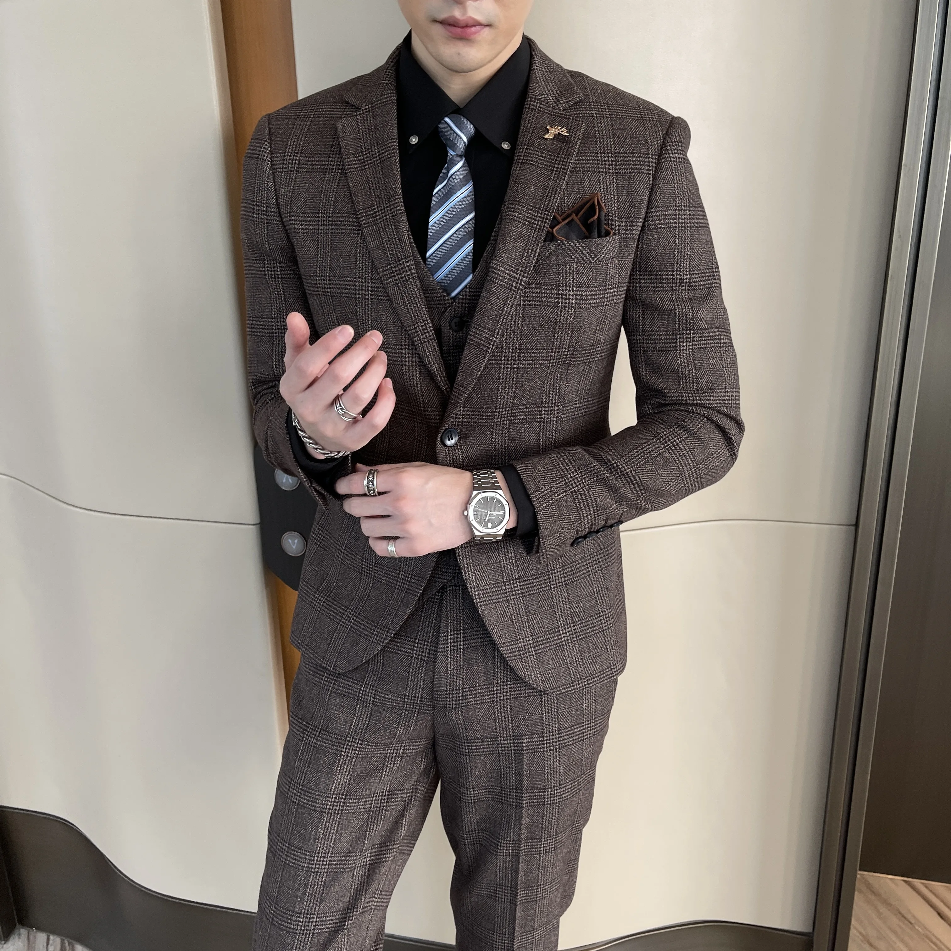 British Korean Style High Quality Modified Plaid Three-Piece Suit for Men - Stylish Business Casual Suit Vest And Trousers Set