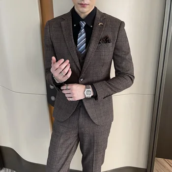 British Korean Style High Quality Modified Plaid Three-Piece Suit for Men - Stylish Business Casual Suit Vest And Trousers Set 2