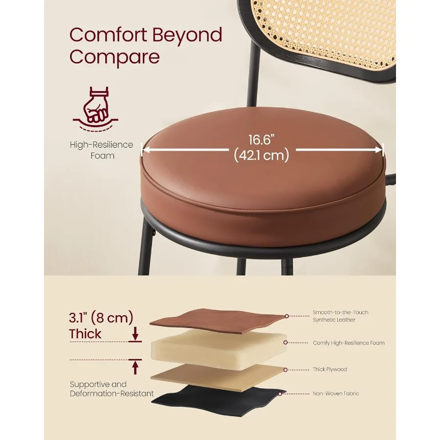 Bar Stools Set of 2 with Rattan Back and Metal Legs 30.1-Inch Tall Counter Chairs Modern Leather Upholstered Barstools for Kitc