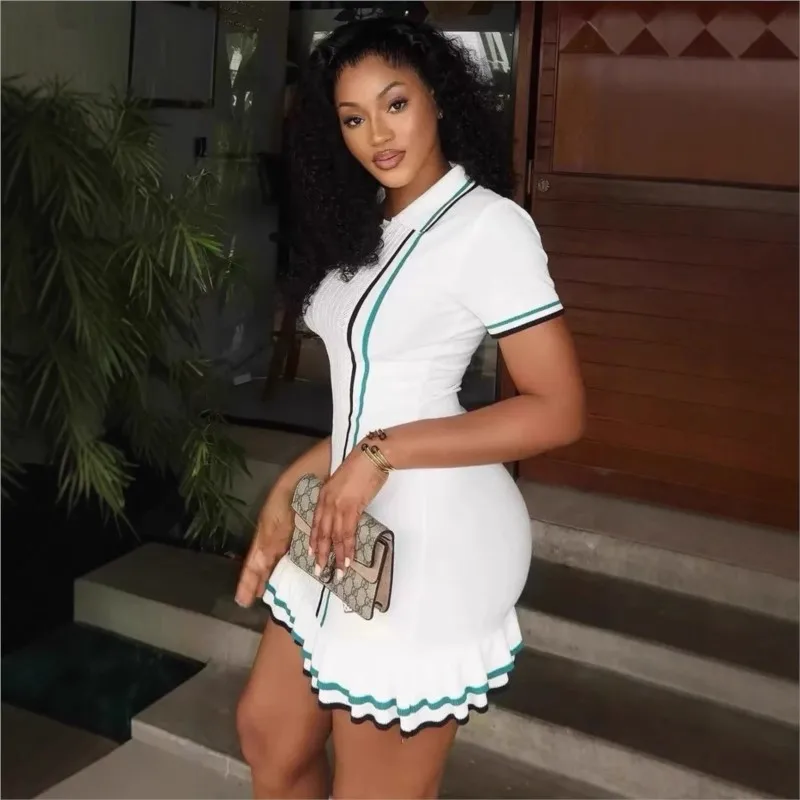 Women Color Patchwork Contrast Stripe Ruffles Hem Knitted Mini Dress Polo-neck Short Sleeve Stretch Bodycon New Party Vestidos
