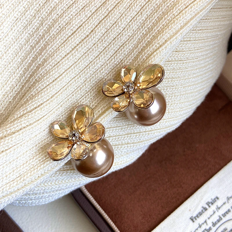 Coreano novo design moda jóias champanhe cristal flor pérola brincos elegantes feminino acessórios de trabalho diário
