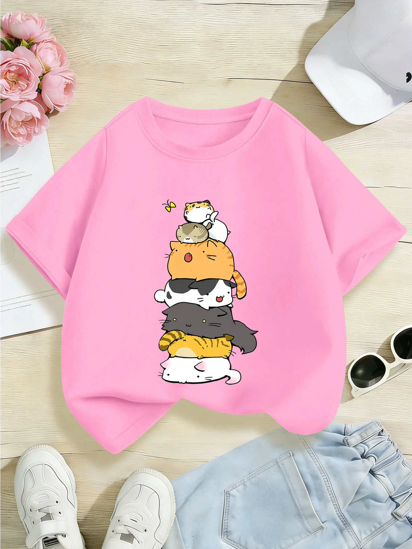 Family Matching Tee Vertical Stack Kitty Pattern Boys Girls Light Short Sleeve Parent Kid Lovely Pet Style Daily Clothing Tops
