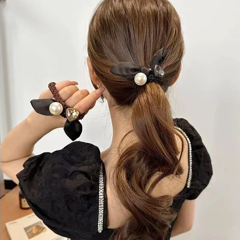 Bow Hair Rope For Women Imitation Pearl Rhinestone Hair Ties Girls Ponytail Holders Hair Accessories Rubber Band Scrunchies