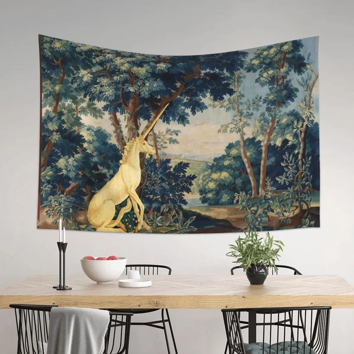 

UNICORN IN WOODLAND LANDSCAPE AMONG GREENERY AND TREES Tapestry Wall Hangings Decoration House Decoration Tapestry