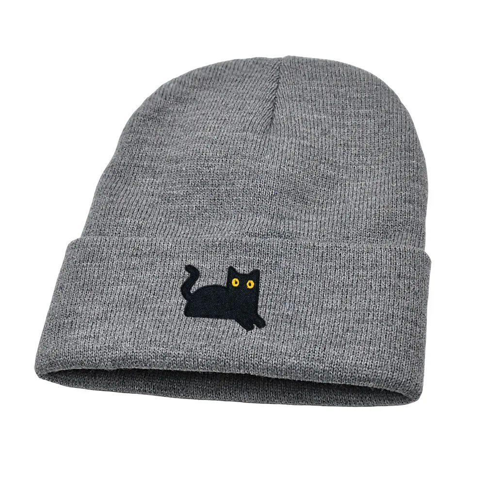 Embroidered Black Cat Knitted Hat, Cute Cat Knitted Hat, Winter Women's Bean Hat, Men's Hip Hop Hat