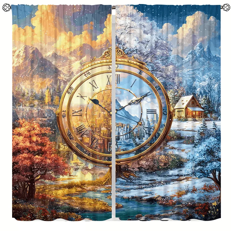 Four-season landscape clock pattern high-definition digital printed curtains semi-transparent decoration in living room bedroom