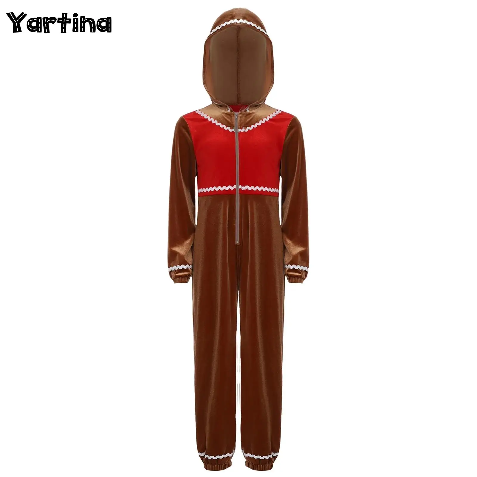 

Girls Gingerbread Man Santa Claus Cosplay Costume Christmas Hooded Jumpsuit Decor Front Zip-Up Funny Cosplay Cookie Man Rompers