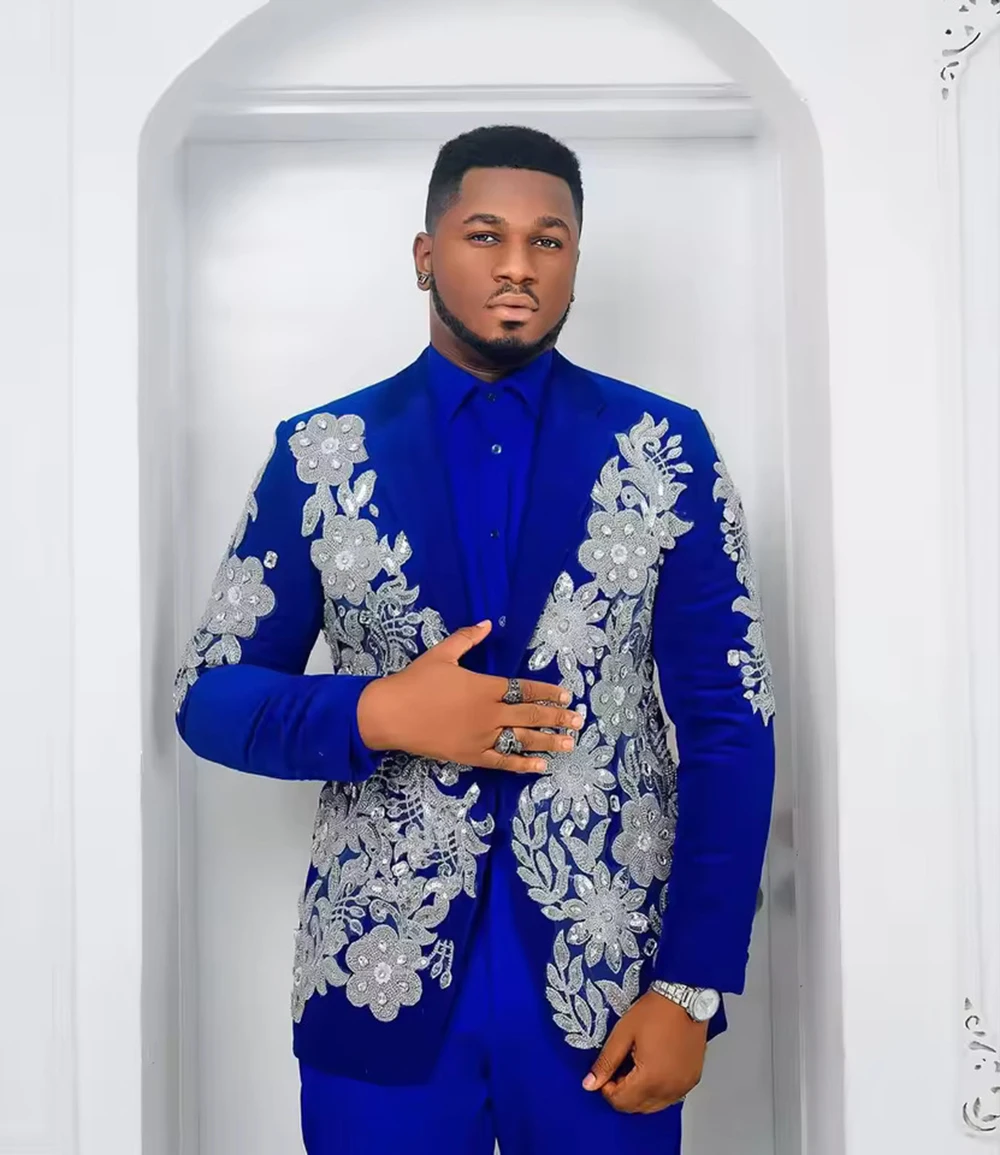 Trajes de boda de encaje con cuentas de color azul real para hombre, 2 piezas de talla grande, chaqueta con un botón y bolsillo, trajes formales personalizados para novio, disfraz para hombre