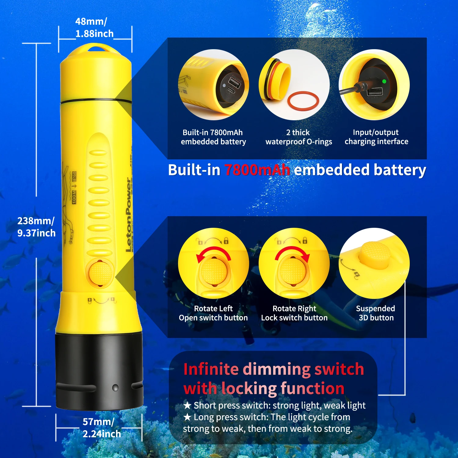 Diving Flashlight 3000LM CERR LED focus long waterproof night submersible fishing IPX8 outdoor underwater strong penetrati